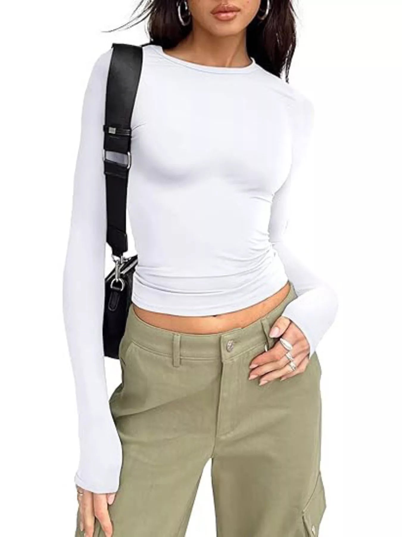White ruched long sleeve t-shirt with crew neck and side waist gathers.