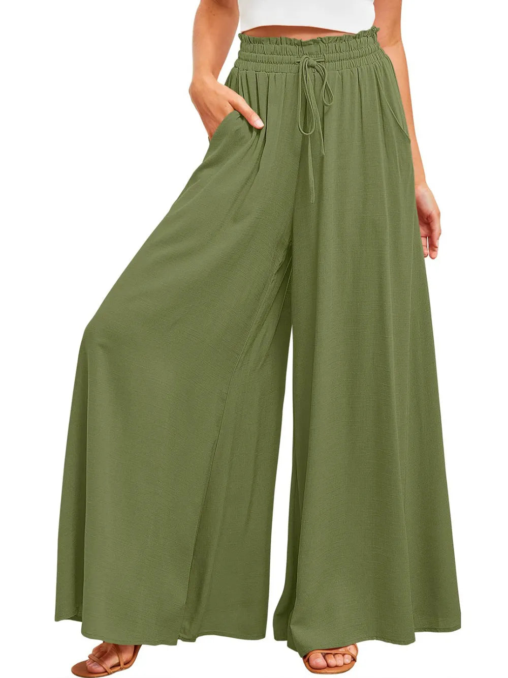 Olive wide-leg pants with elastic waistband, drawstring tie, and side pockets