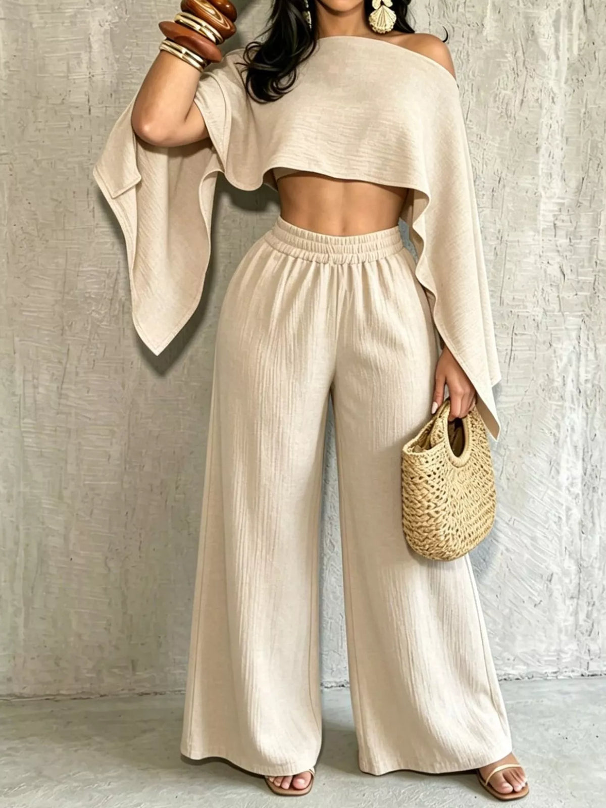 Cream boat-neck crop top with wide-leg pull-on pants, relaxed drape set.