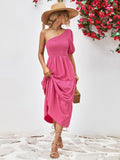 Smocked one-shoulder midi dress in hot pink with tiered ruffle skirt