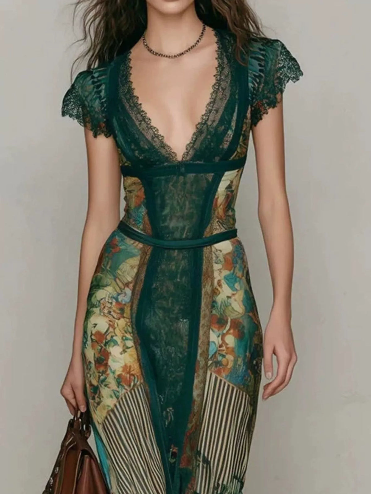 Green lace-trim cap sleeve maxi dress with deep V neckline and striped floral print