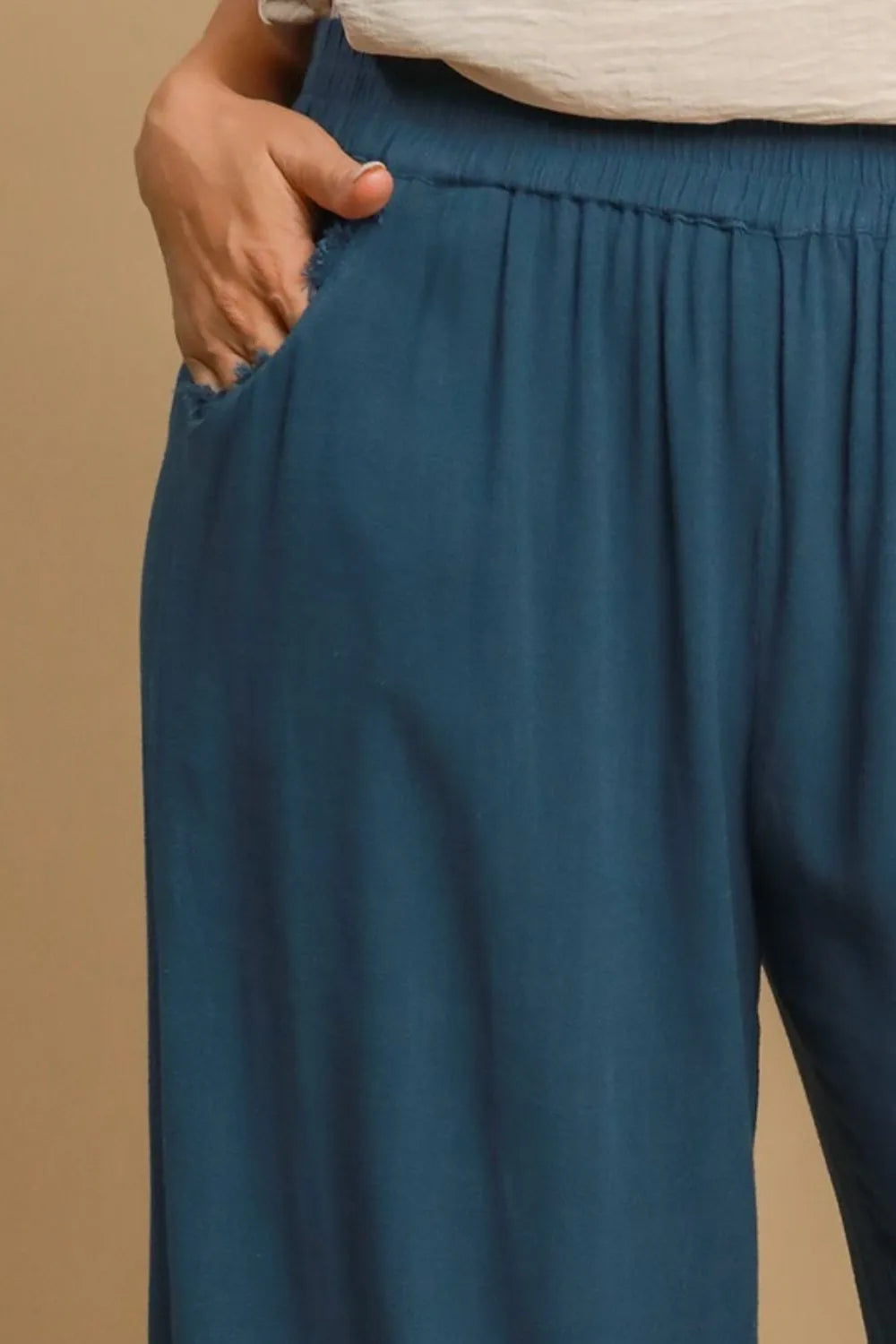 Peacock blue elastic waistband wide-leg pants