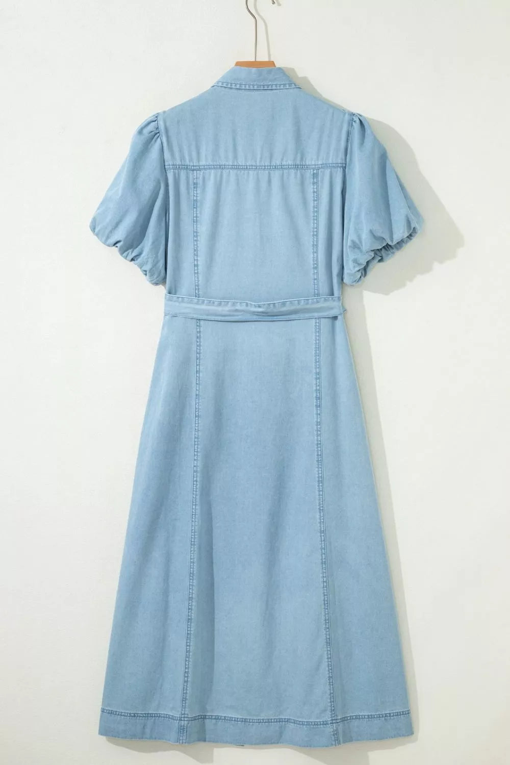 Cedar & Moore Full Buttons Collared Short Bubble Sleeve Long Denim Dress in light blue denim with belted waist