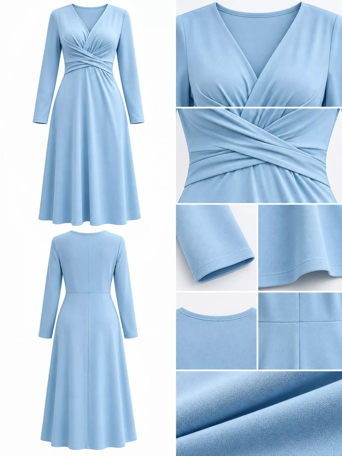 Light blue ruched midi dress with crisscross V-neck and long sleeves, details collage