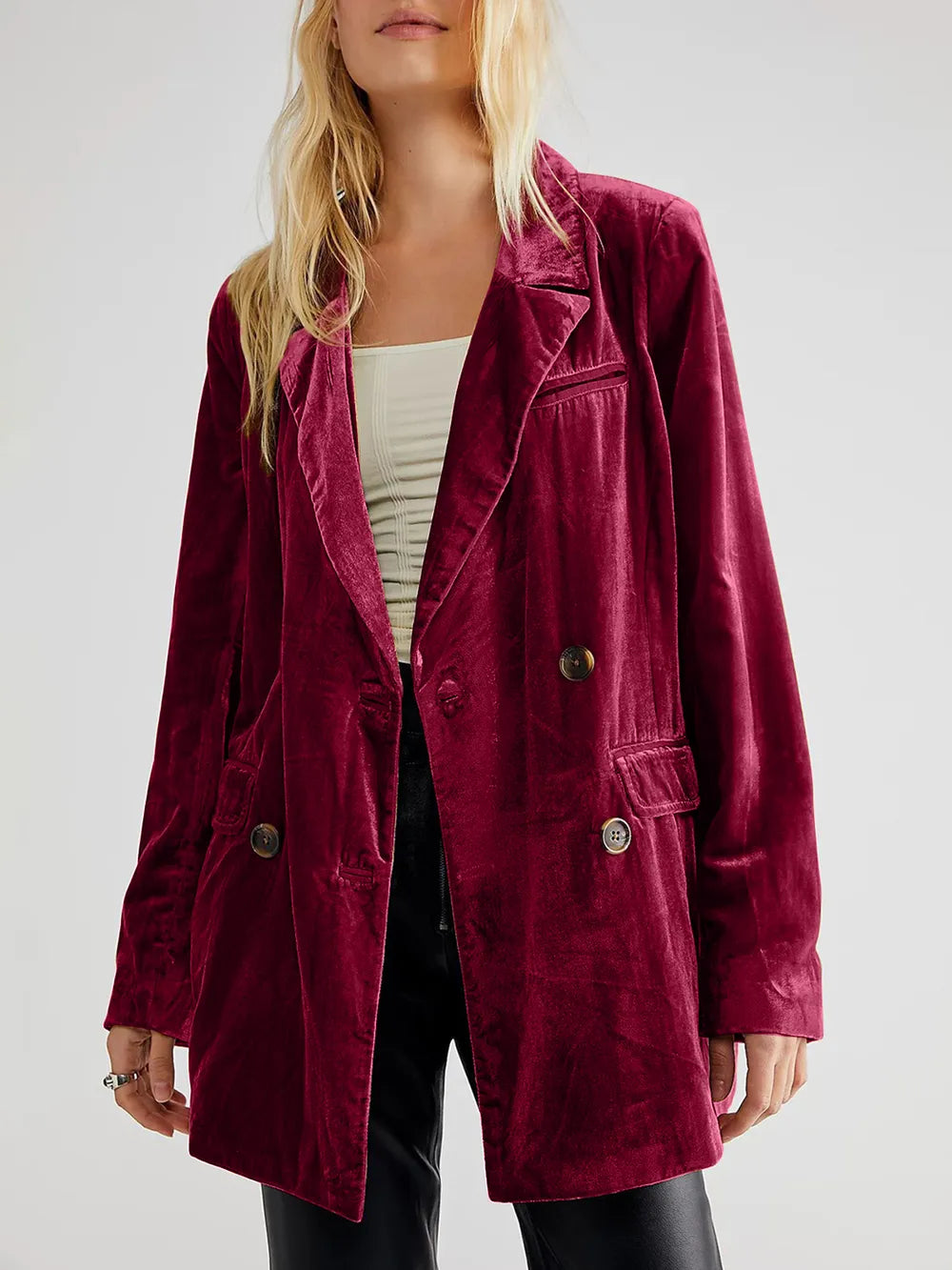 Burgundy corduroy blazer with notch lapel, long sleeves, and patch pockets