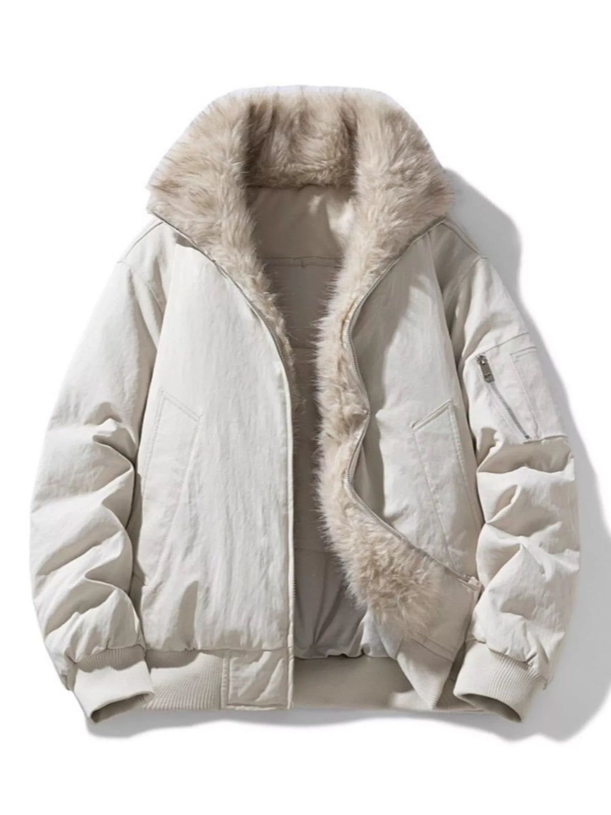 Beige thick zip-up bomber jacket with faux fur trim and side pockets