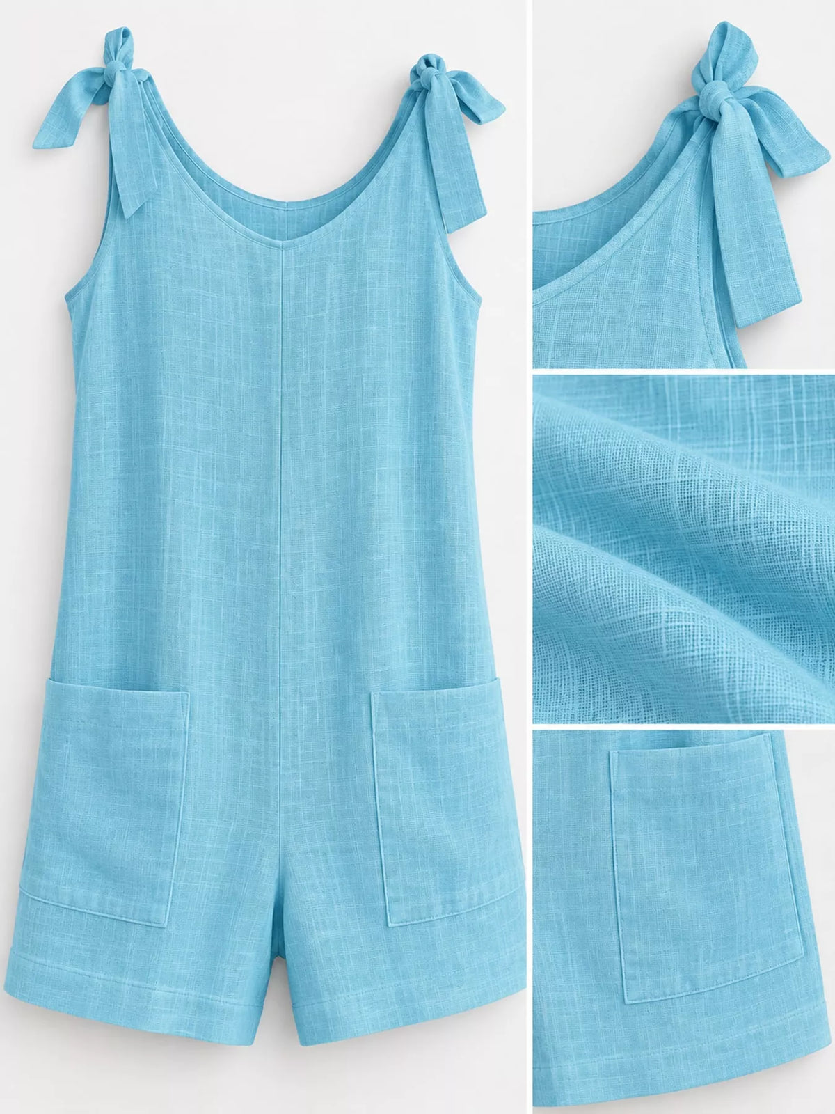 Sky blue tie-shoulder bow romper details: scoop neck, pockets, and fabric texture