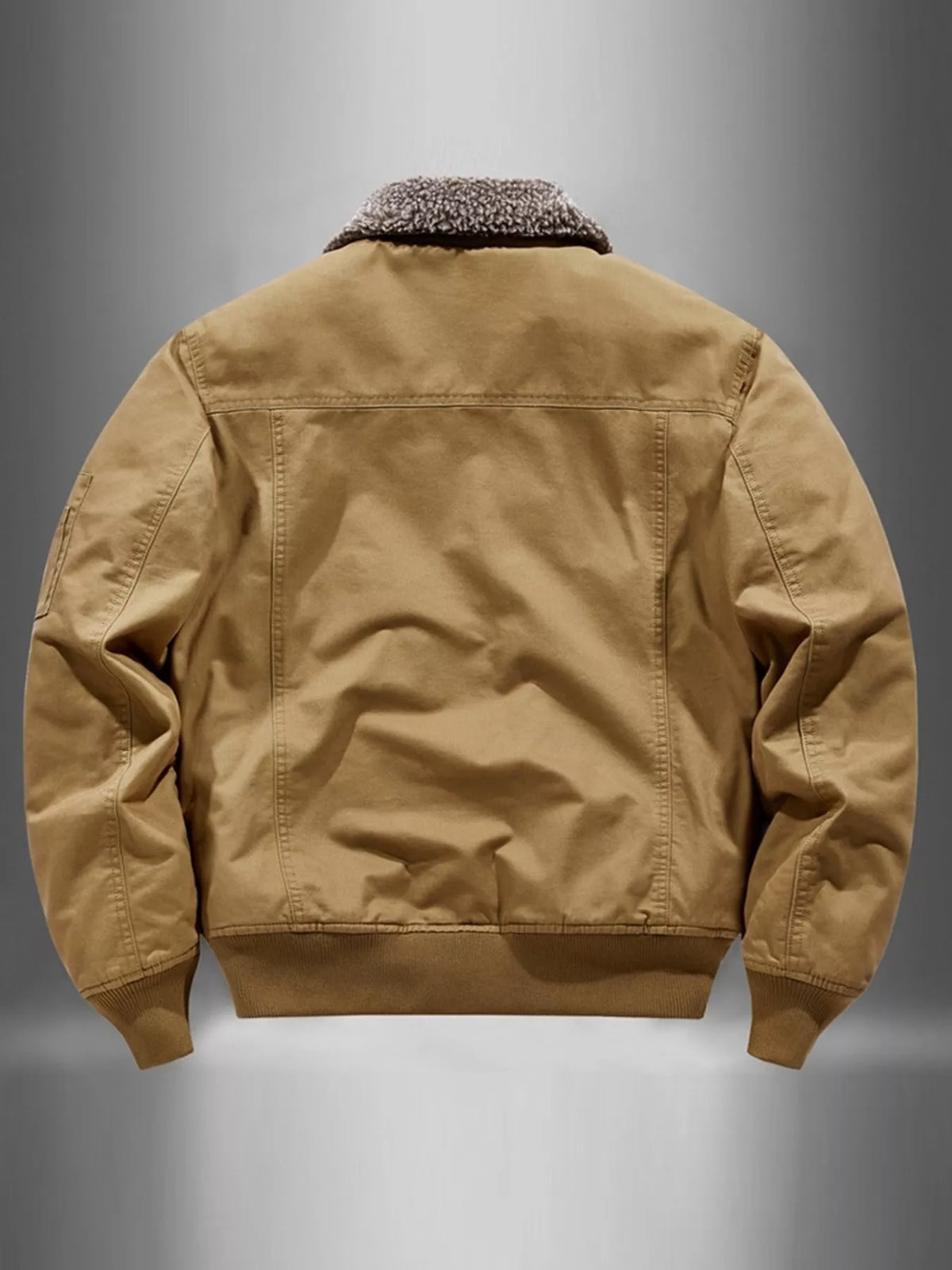Men's thermal zip-up jacket, tan rear view with faux-fur collar and rib-knit cuffs