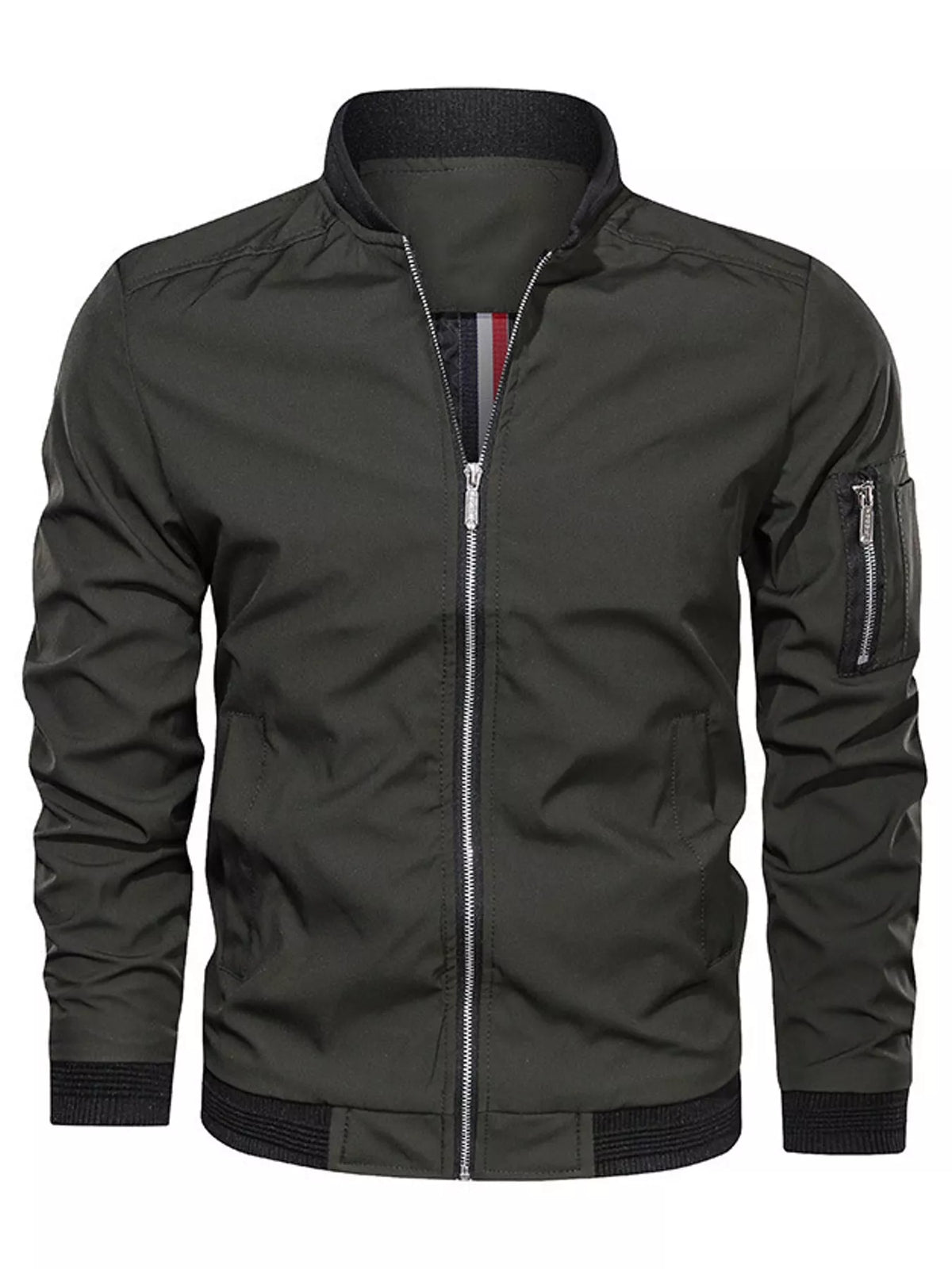 Men's lightweight bomber jacket in dark gray/black, full-zip front, ribbed collar and cuffs