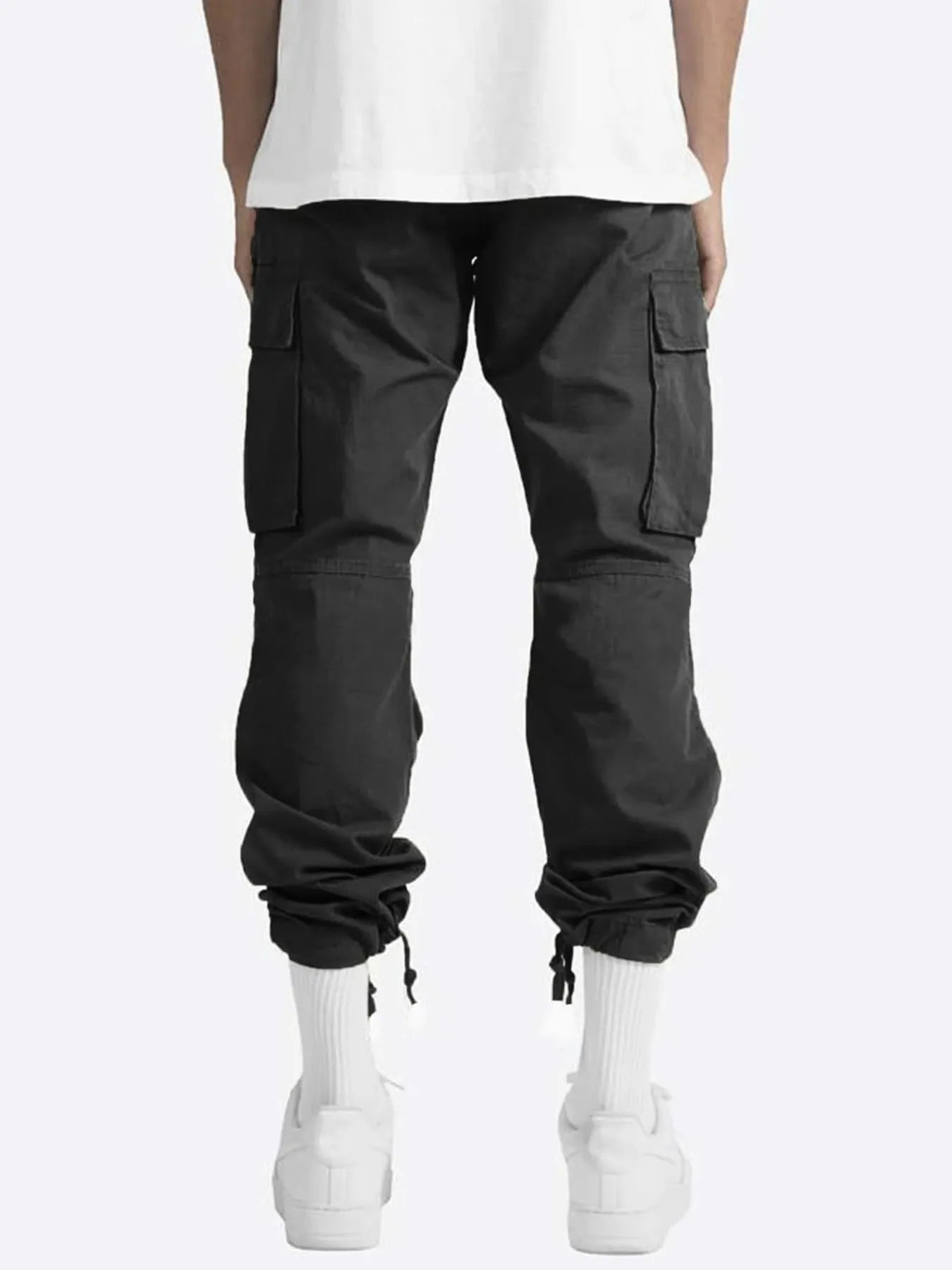Men's black cargo pants with two cargo pockets and drawstring cuffed hems.