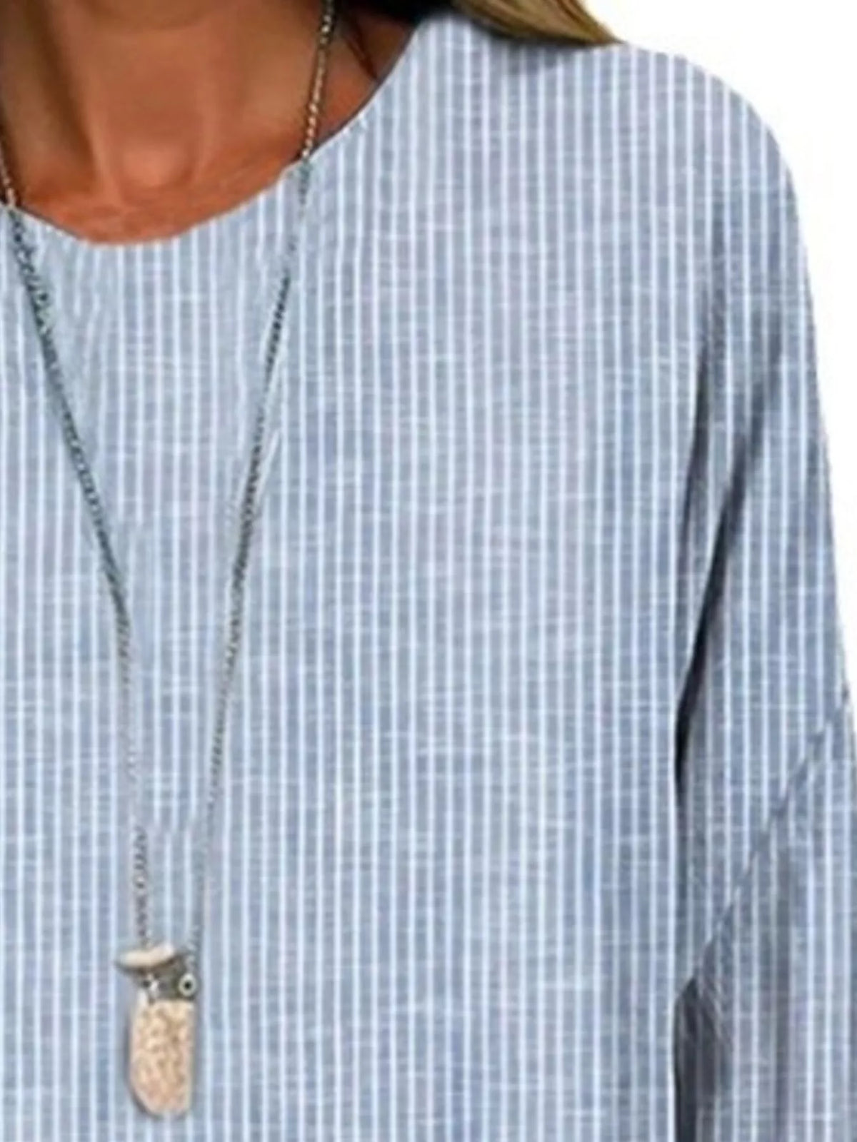Women's striped long-sleeve blouse, light blue; keyhole placket detail