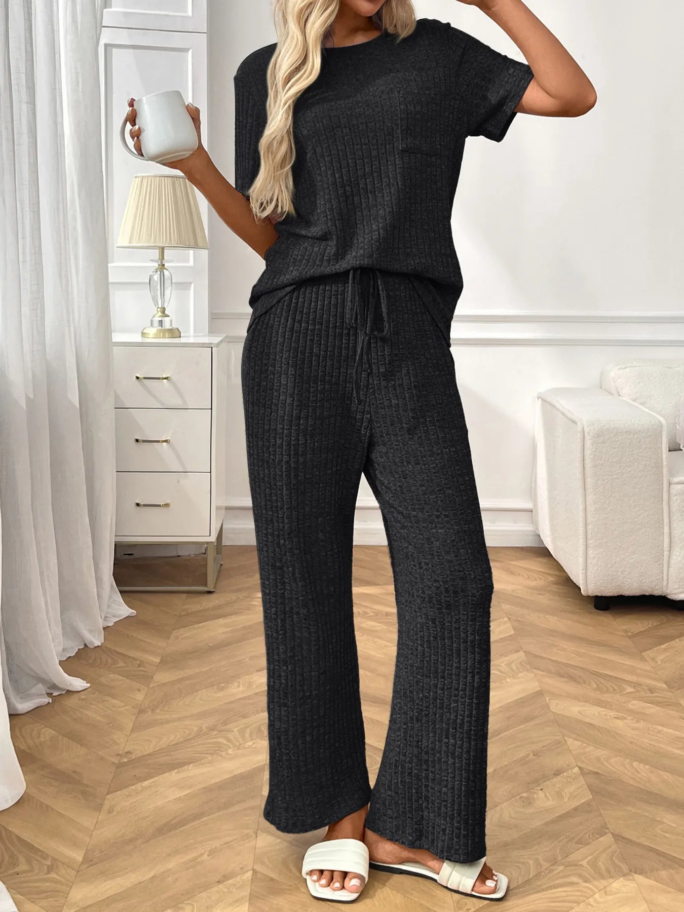 Ribbed knit lounge set with short-sleeve top and drawstring wide-leg pants, black