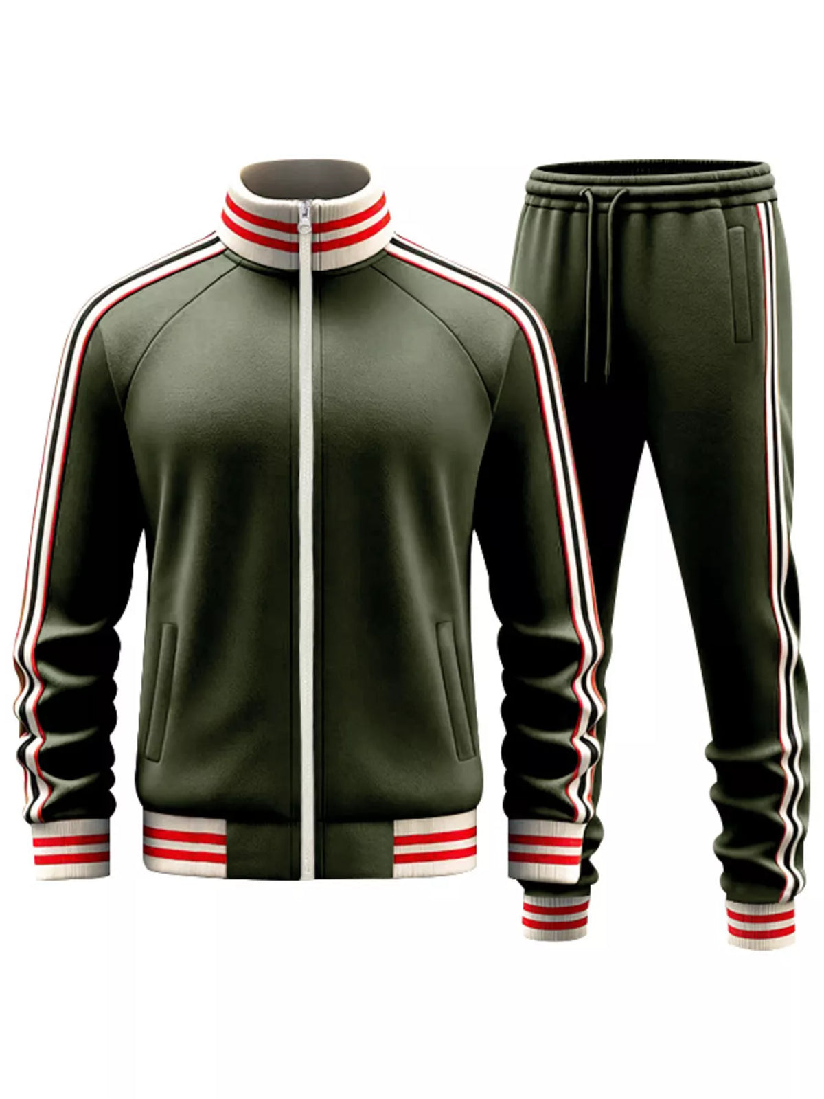 Army green zip track jacket and striped track pants set on white background