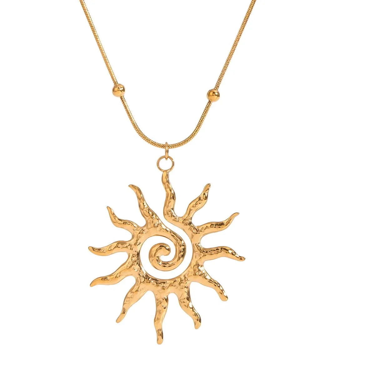 Gold-plated sun pendant necklace with circular swirl sun charm on thin chain