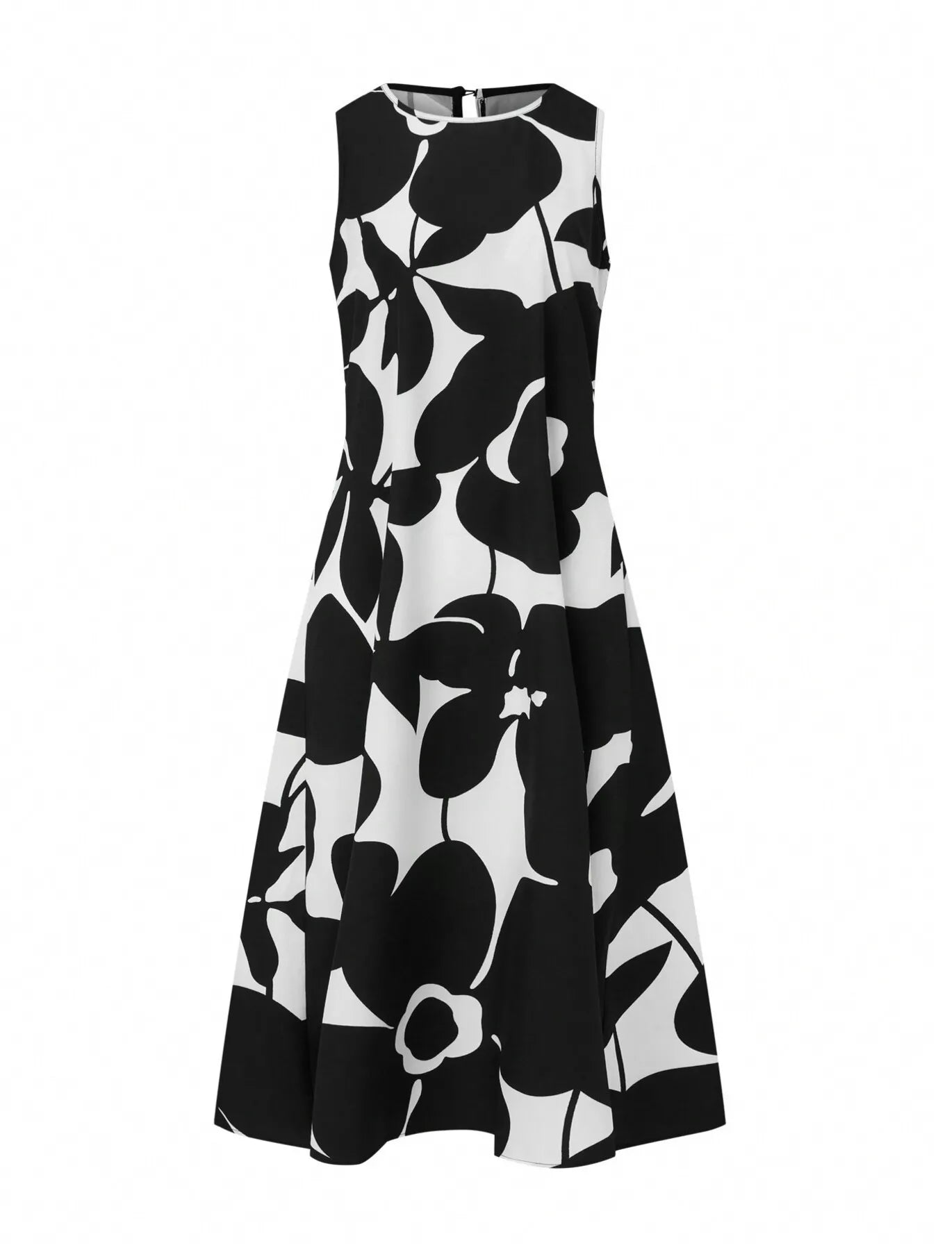 Black and white floral sleeveless maxi dress with A-line skirt and round neckline