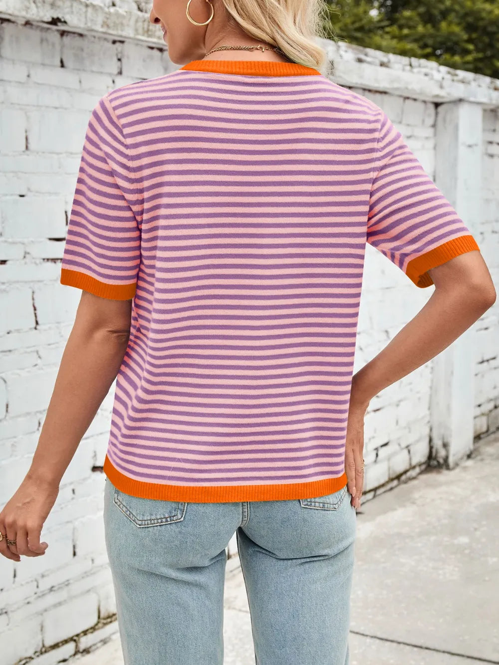 Striped knit top, purple with white horizontal stripes and orange ribbed crew neck