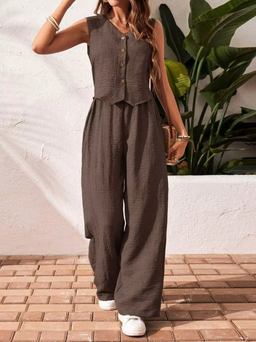 Button-down vest and wide-leg pants set, dark brown sleeveless with front buttons