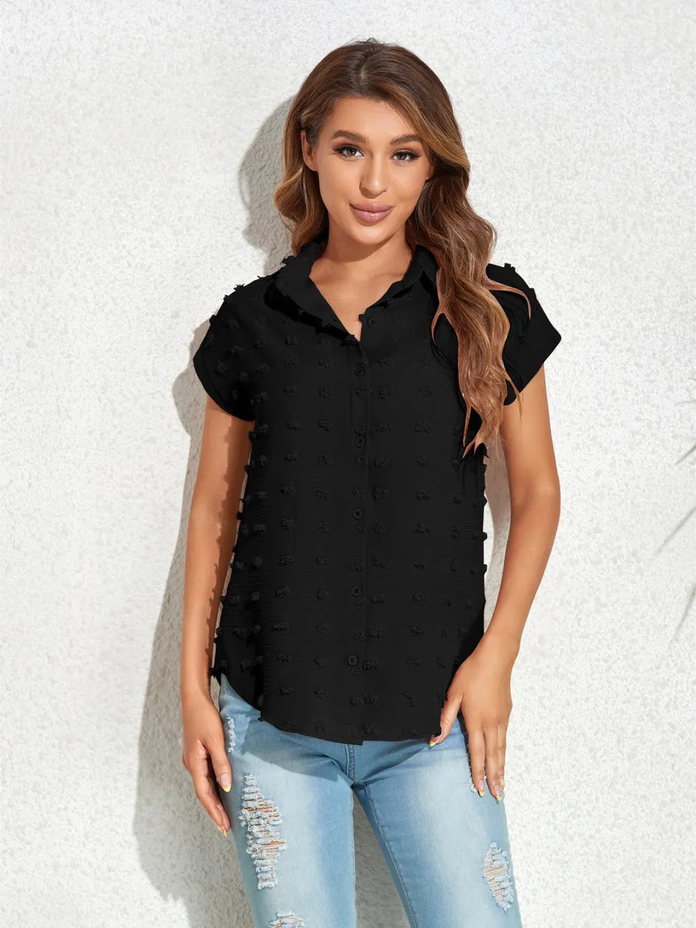 Black swiss-dot button-front cap-sleeve shirt with collar and partial button placket