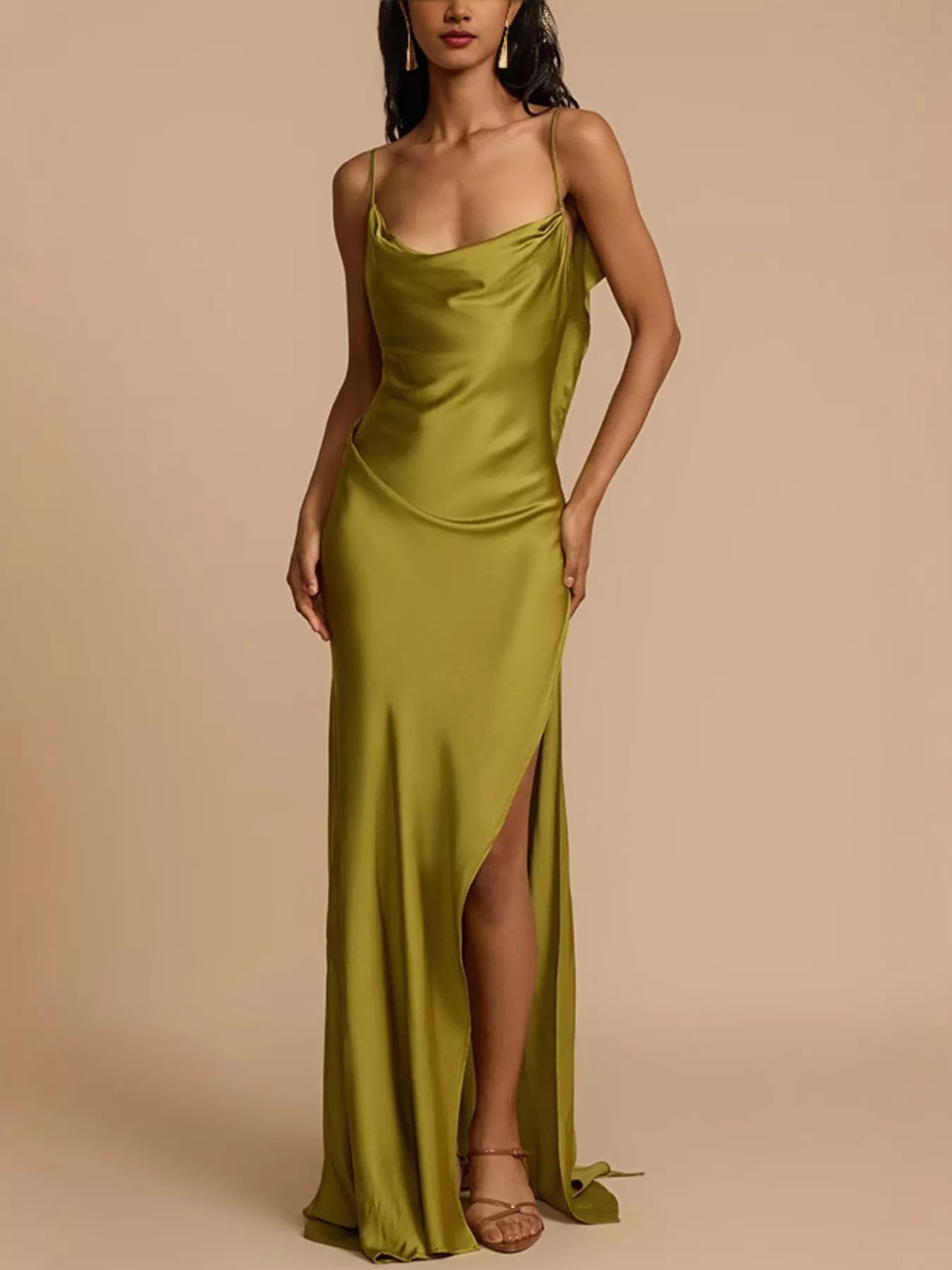 Cedar & Moore Satin Cowl Neck Slit Maxi Dress in olive green with thin straps by Trendsi