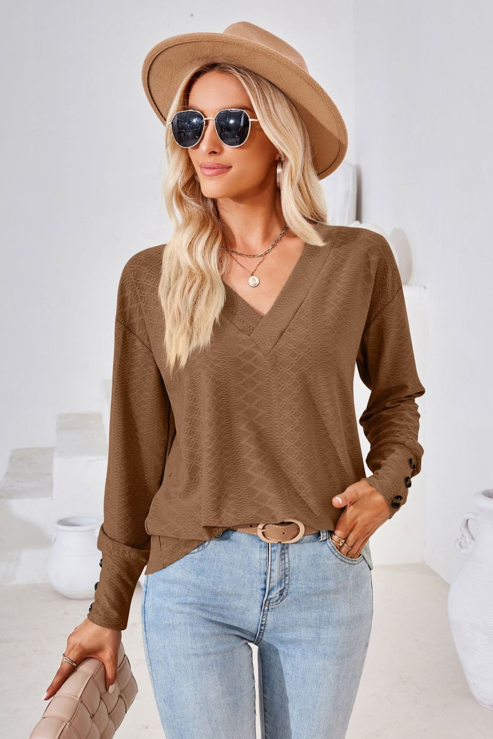 Brown V-neck long-sleeve blouse with diamond texture and relaxed fit