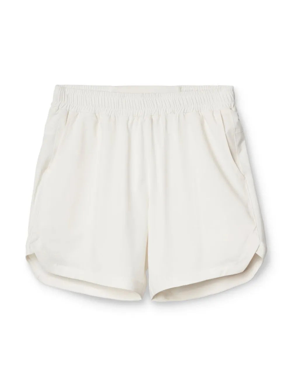 Men's elastic-waist active shorts in white, front view with pleated elastic waistband.