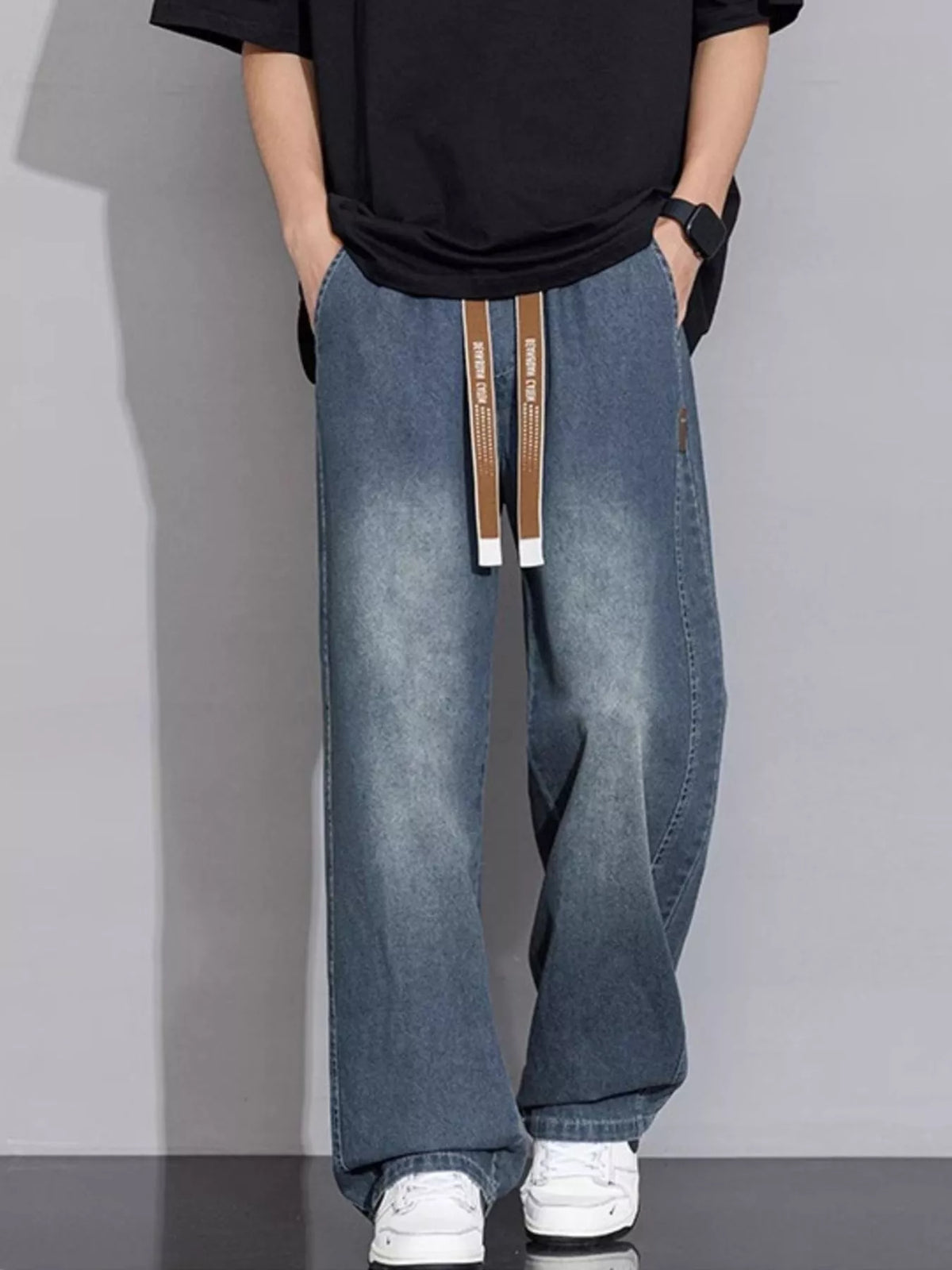 Men's vintage-wash gray-blue wide-leg drawstring jeans with long tie waist