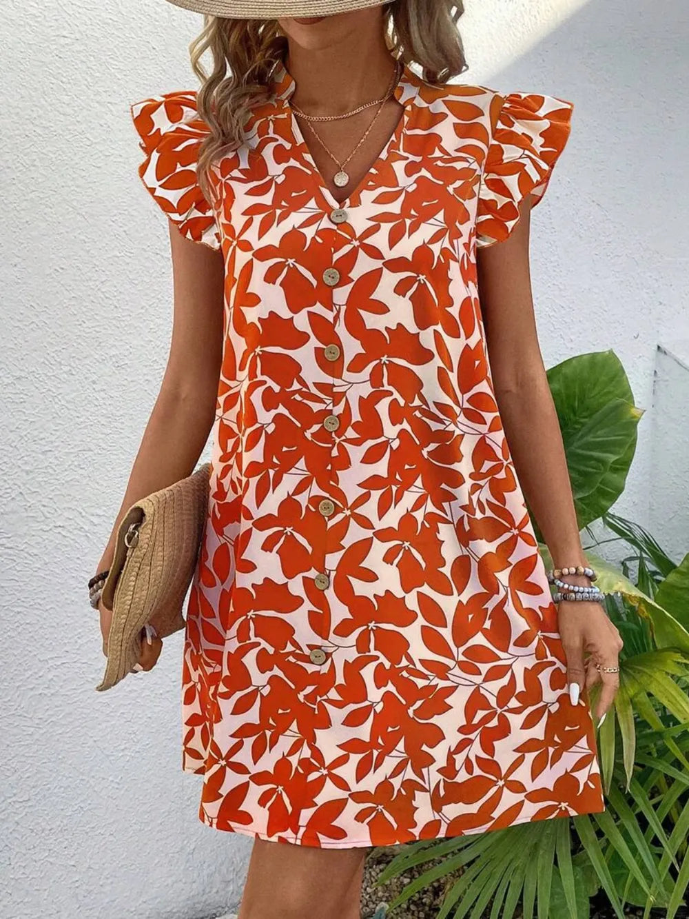 Trendsi printed notched cap-sleeve mini dress in orange floral print with front buttons