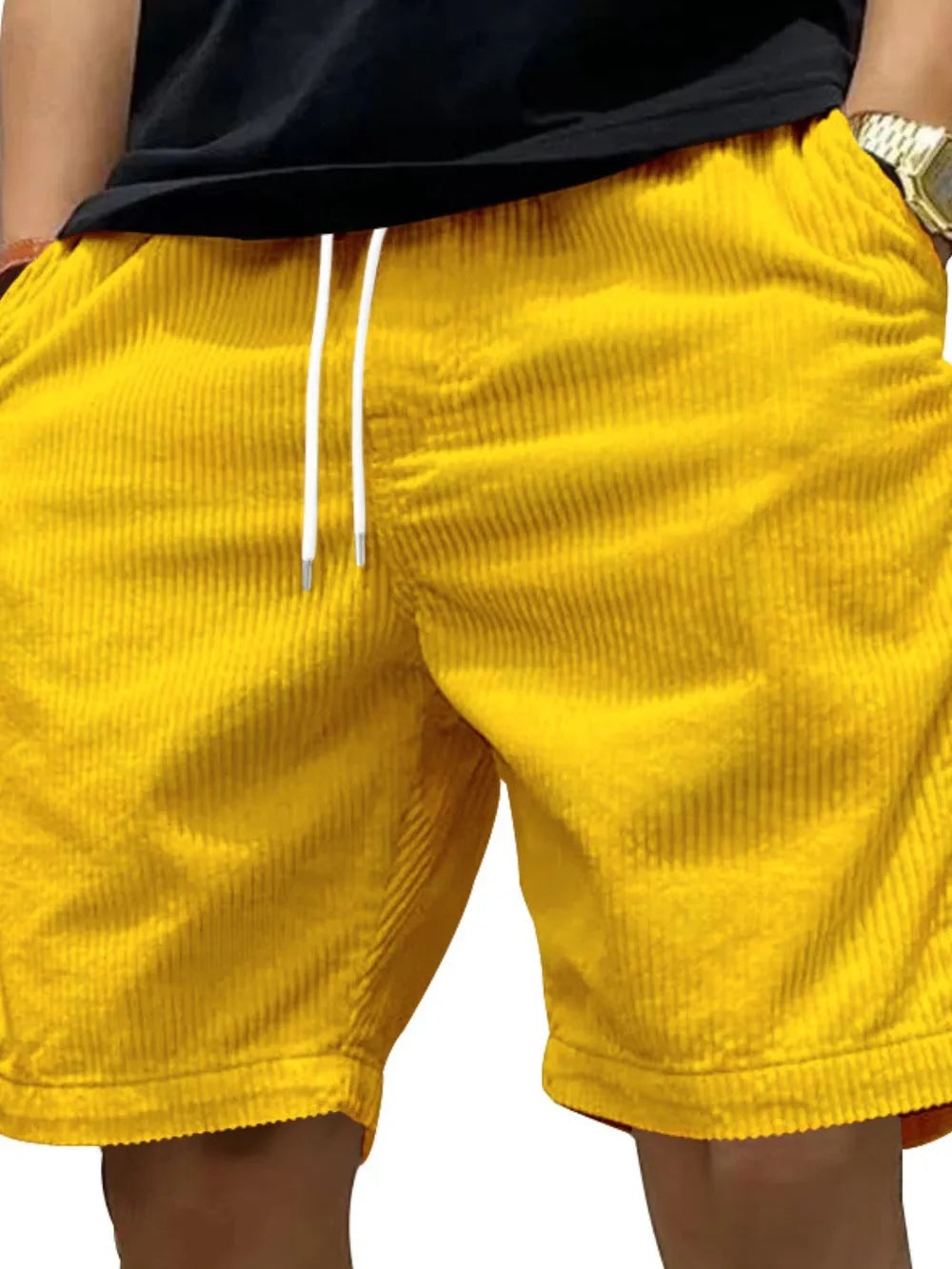 Men's drawstring shorts with side pockets, bright yellow fabric and white drawstring