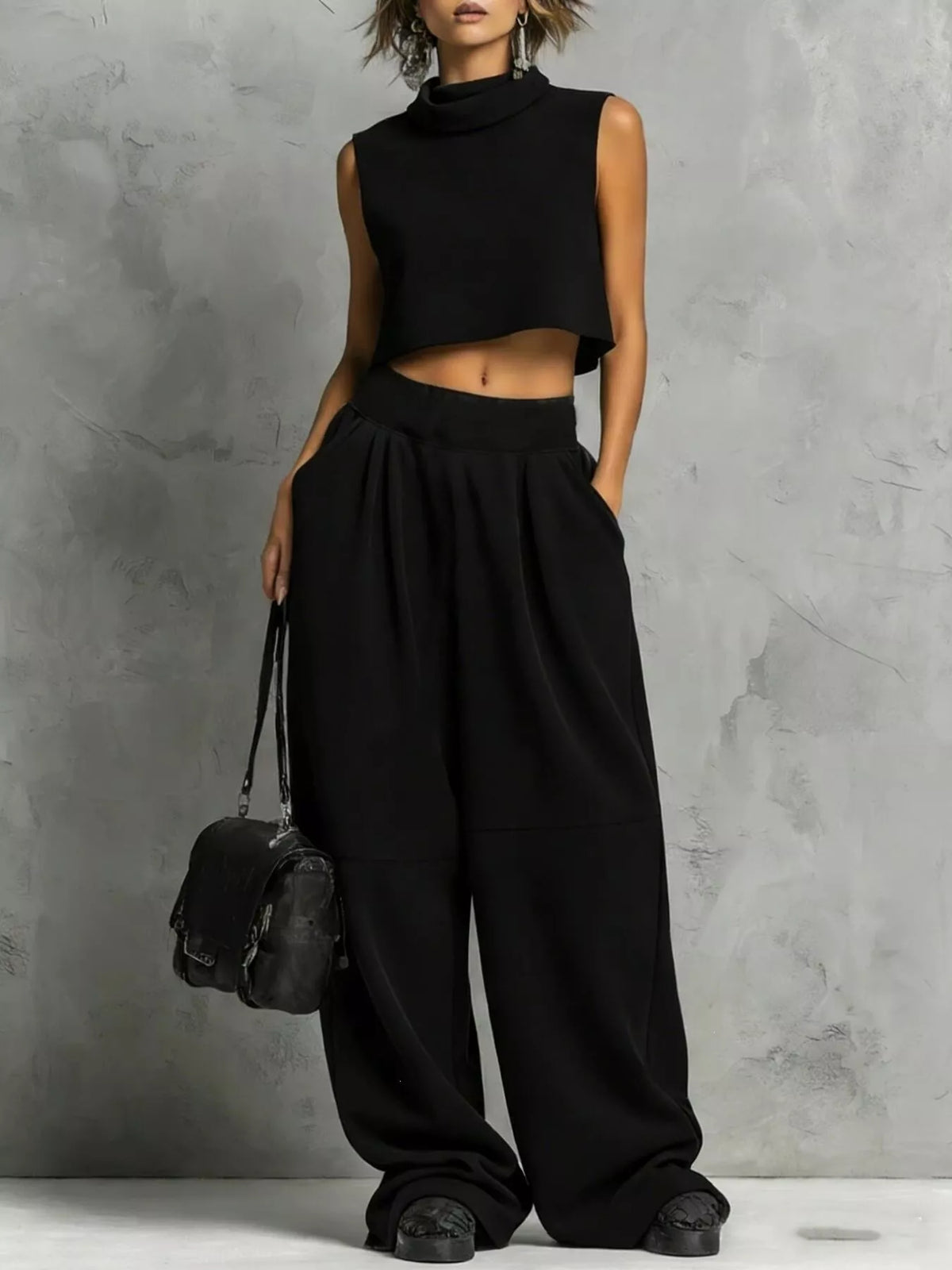 Sleeveless mock crop top and sweatpants set, black high-neck crop top and wide pleated pants
