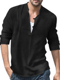 Men's black half-button long sleeve shirt with split neckline