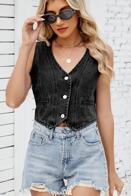 Black denim sleeveless V-neck vest with button placket and two side pockets.