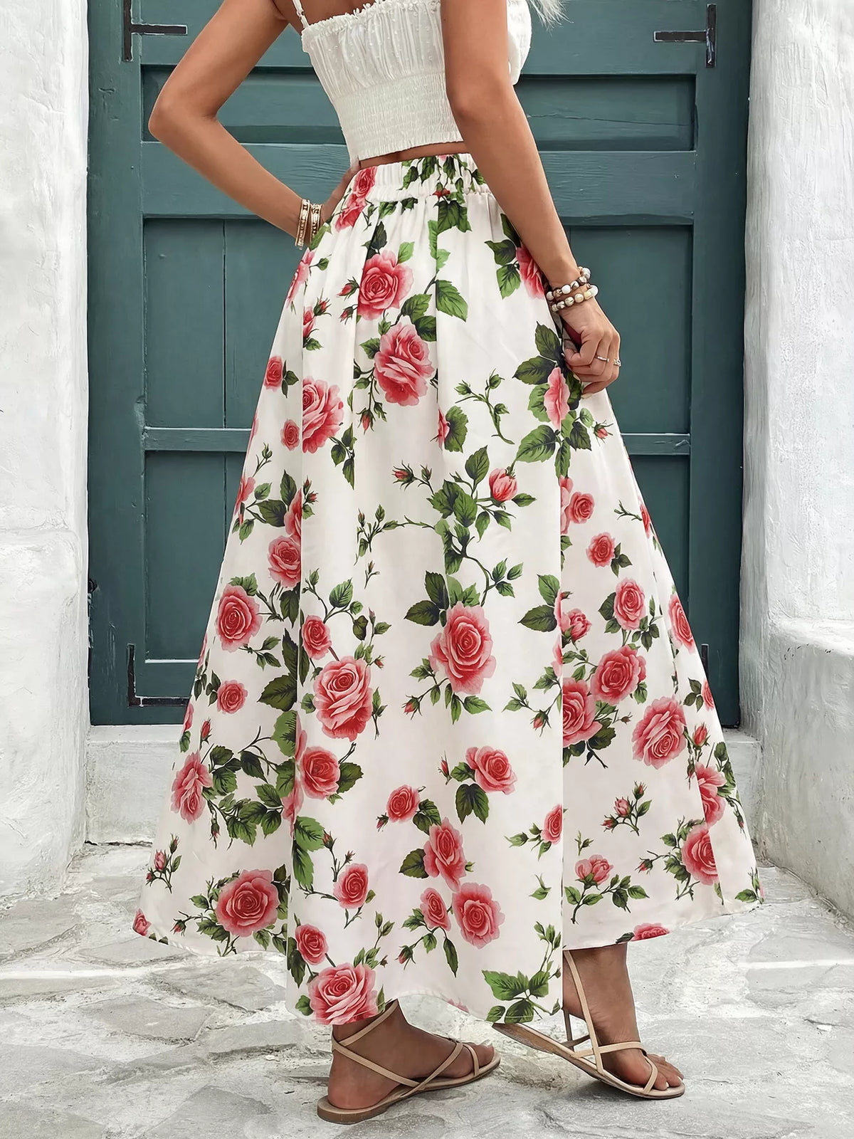 Floral rose print midi skirt with full flare, white with red roses and green leaves