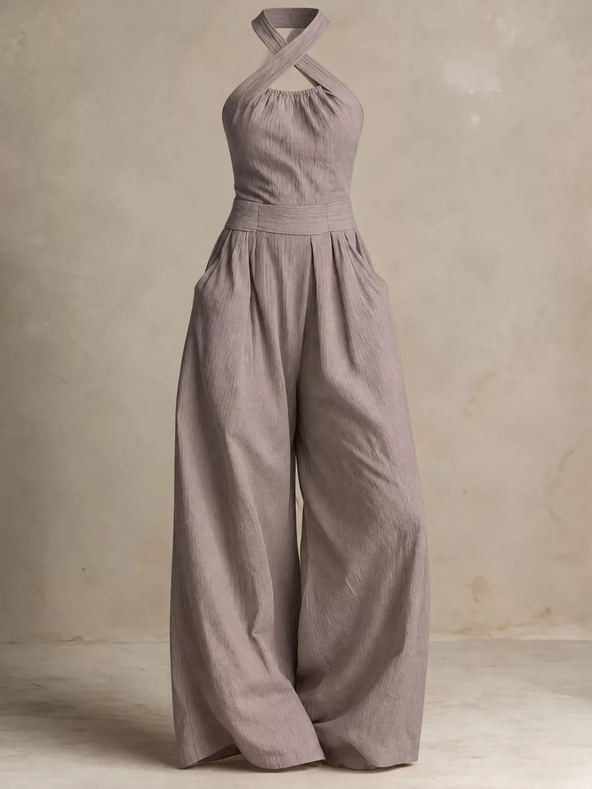 High waist halter linen jumpsuit with gathered neckline and wide-leg pants in light gray