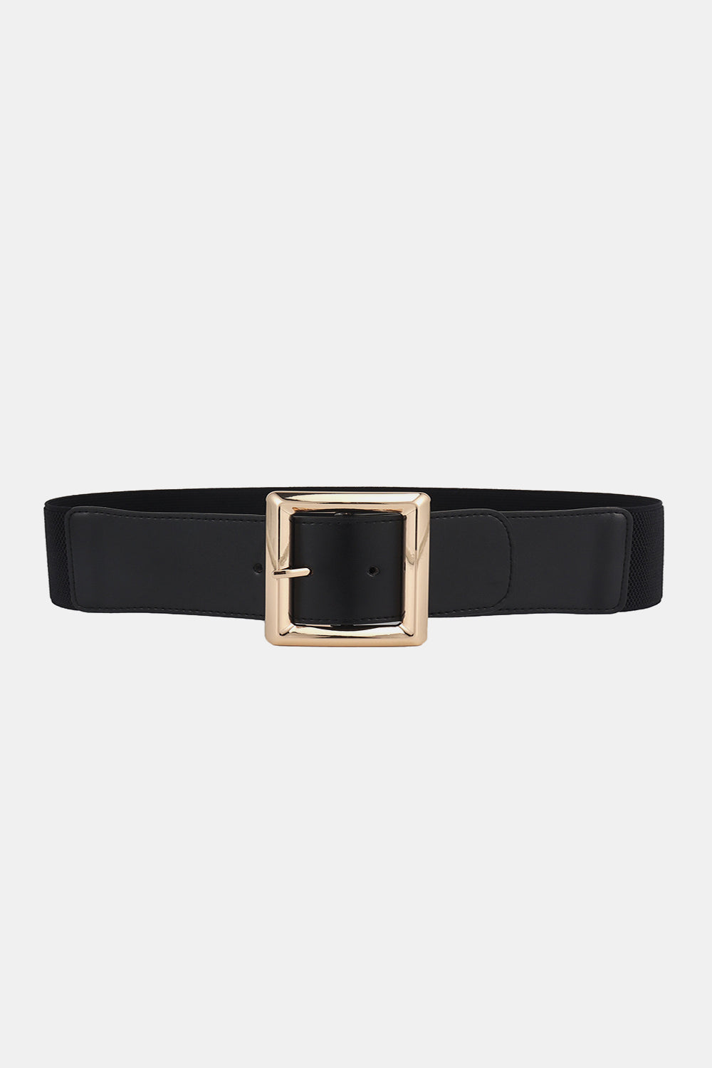 Black wide elastic belt with rectangular gold buckle, flat strap.