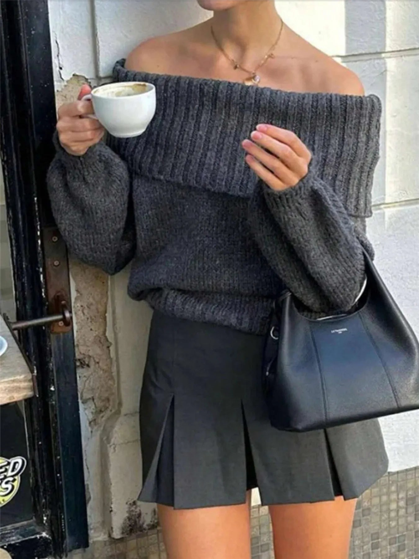 Off-shoulder ribbed long sleeve sweater in dark gray with wide knit neckline