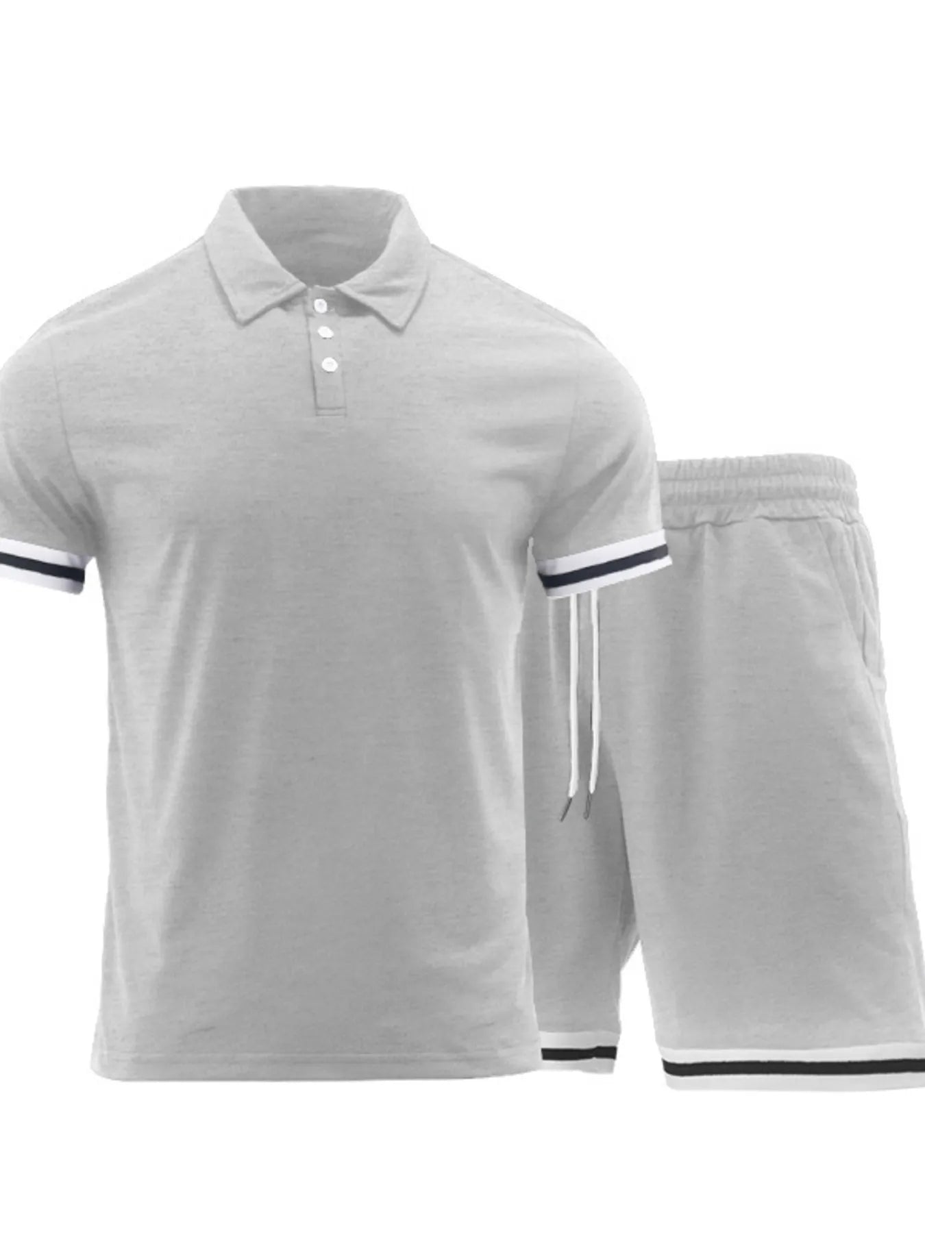Men's light gray polo and shorts set with striped cuffs and drawstring shorts.