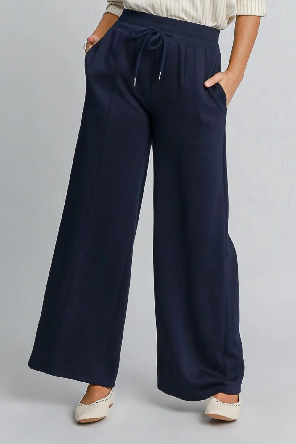 Midnight navy wide-leg drawstring pants, relaxed fit