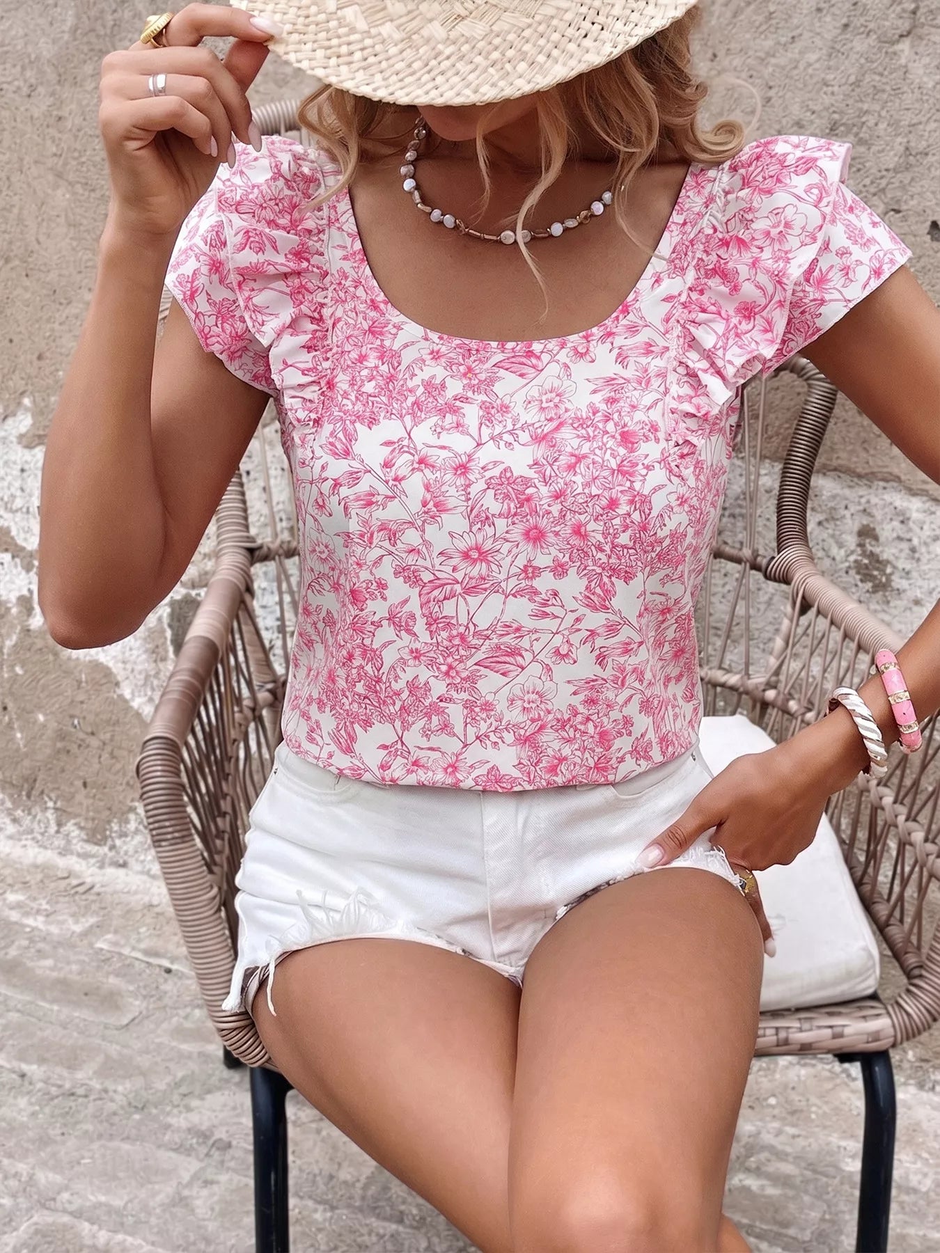 Cedar & Moore Floral Print Ruffle Sleeve Blouse in pink floral pattern with bow detail