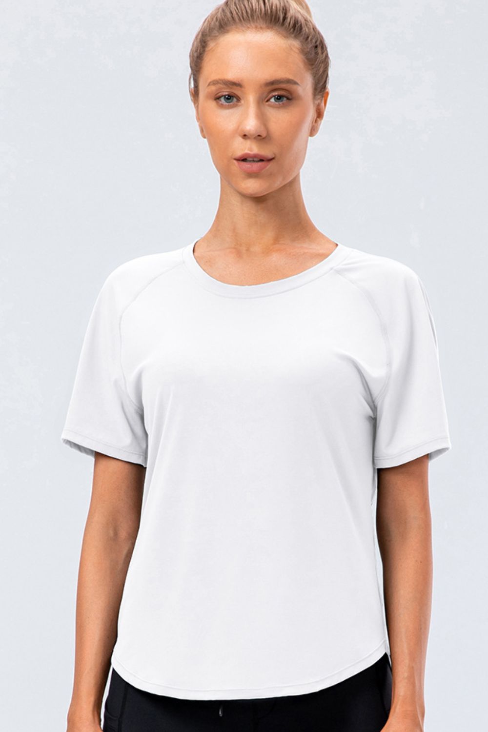 White active tee with round neck and raglan sleeves, front view