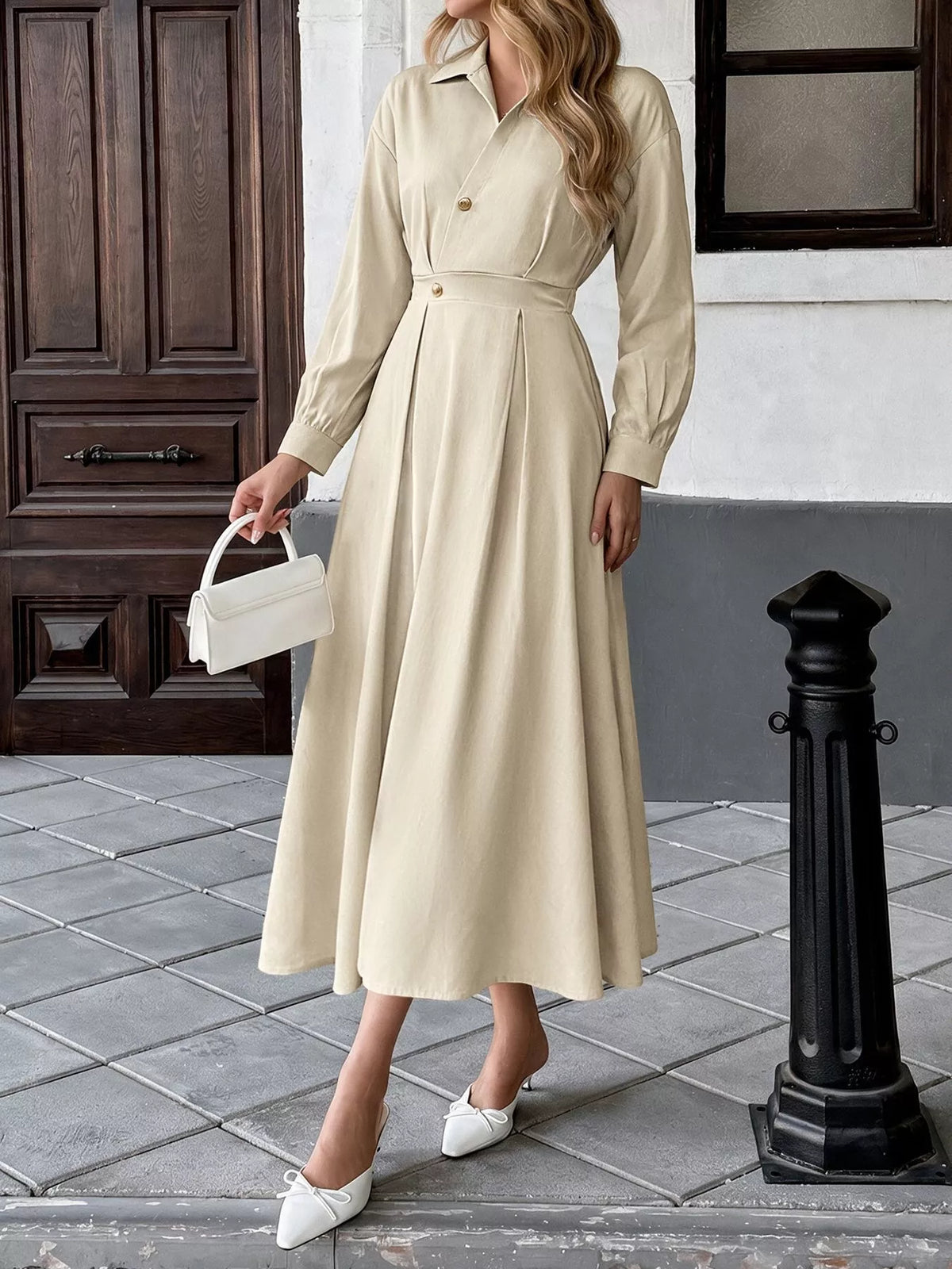 Khaki button-front shirt dress with ruched waist and long sleeves, full midi skirt