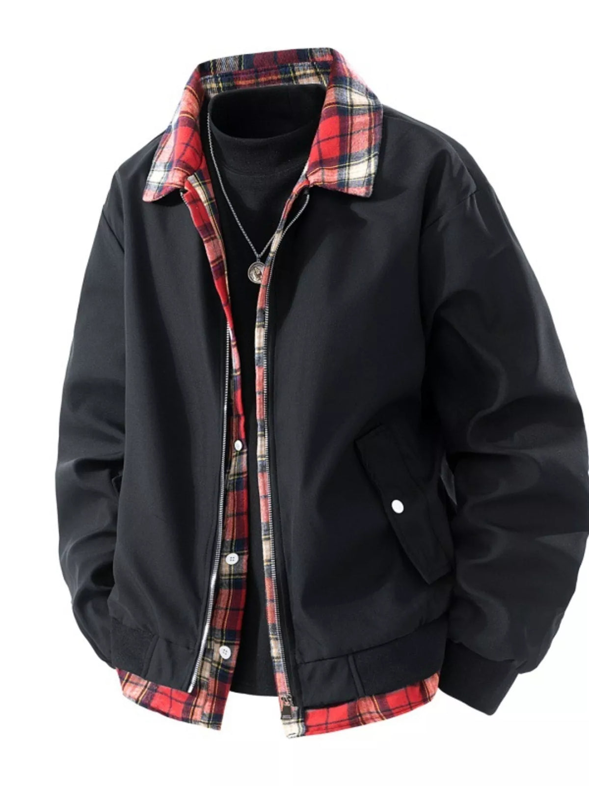 Men's long sleeve jacket with black shell, red plaid collar lining, zip-front, pockets