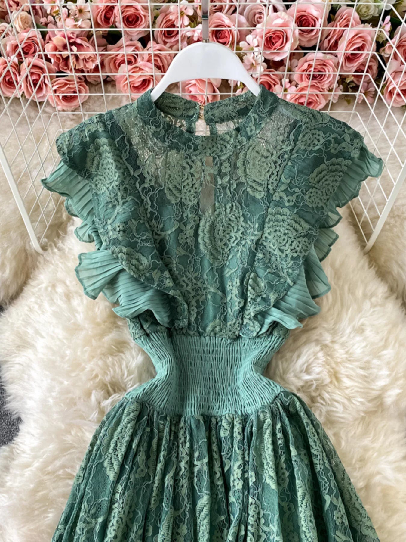 Cedar & Moore Ruffled Mock Neck Lace Maxi Dress in teal with cutout detail