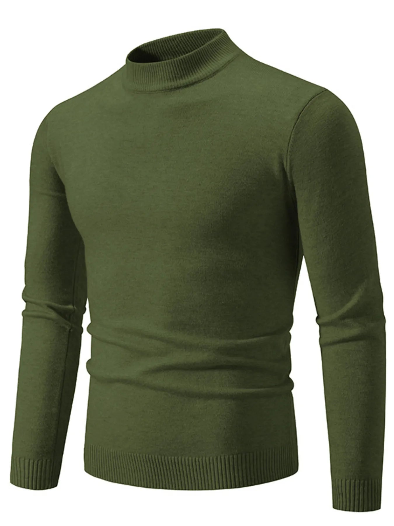 Mock-neck long-sleeve sweater with ribbed hem, military green