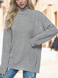 Dark gray turtleneck drop-shoulder long-sleeve sweater with ribbed collar and cuffs