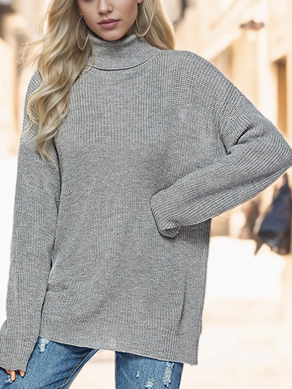 Dark gray turtleneck drop-shoulder long-sleeve sweater with ribbed collar and cuffs