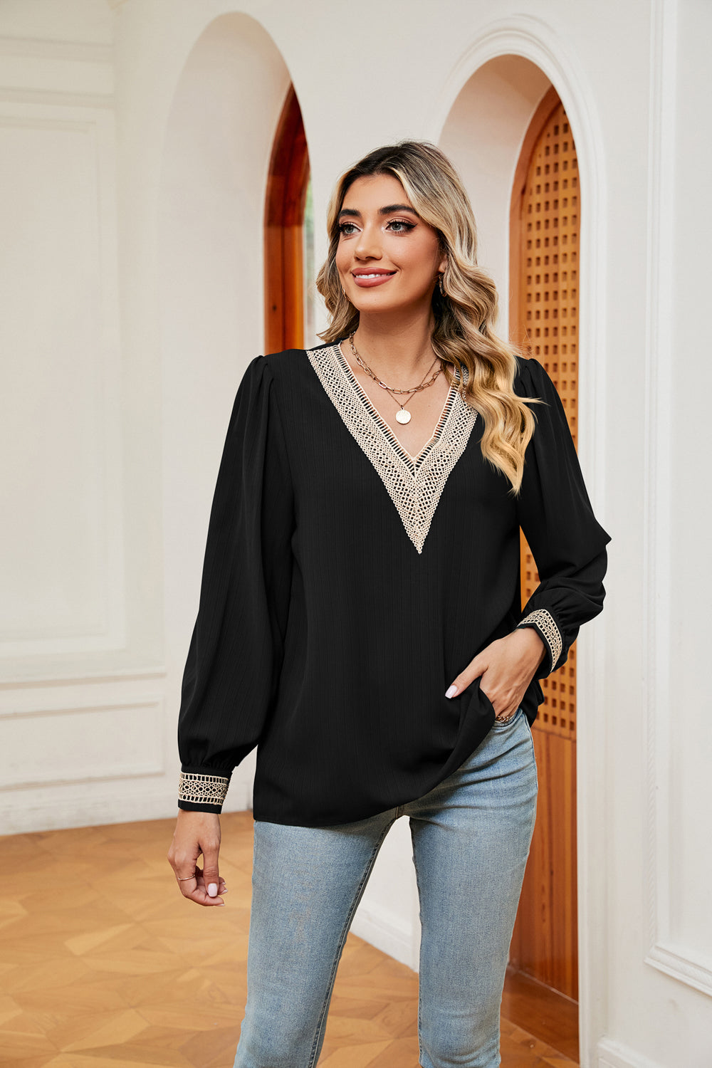Black contrast V-neck puff sleeve blouse with embroidered neckline