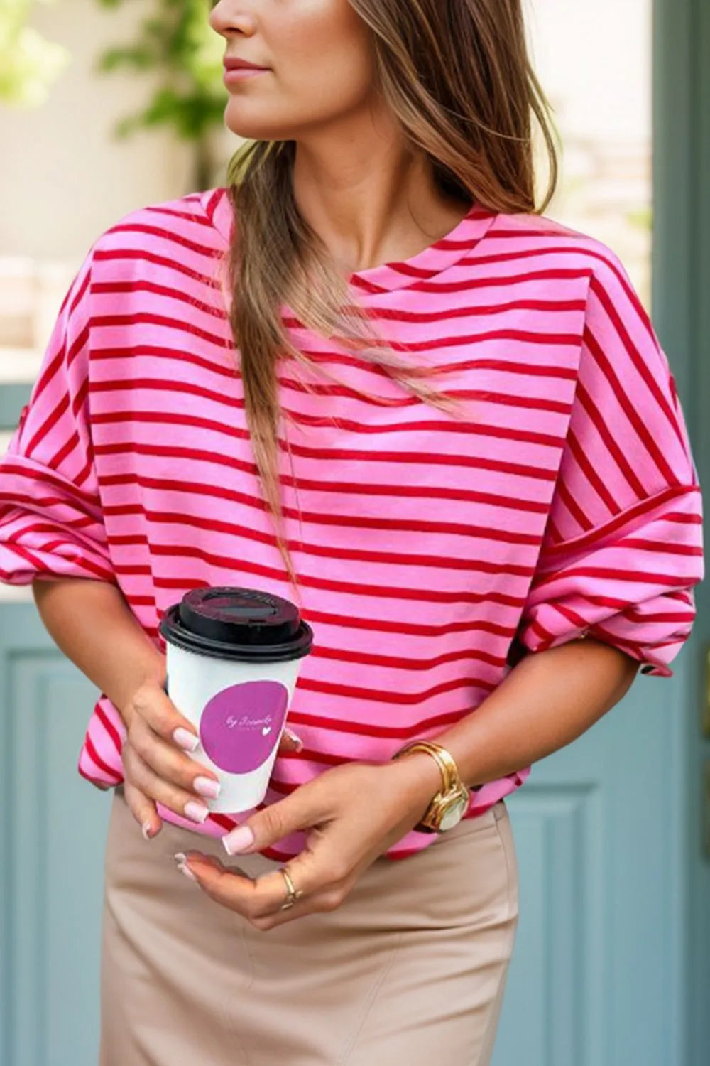 Fuchsia pink striped long-sleeve sweatshirt with crew neck