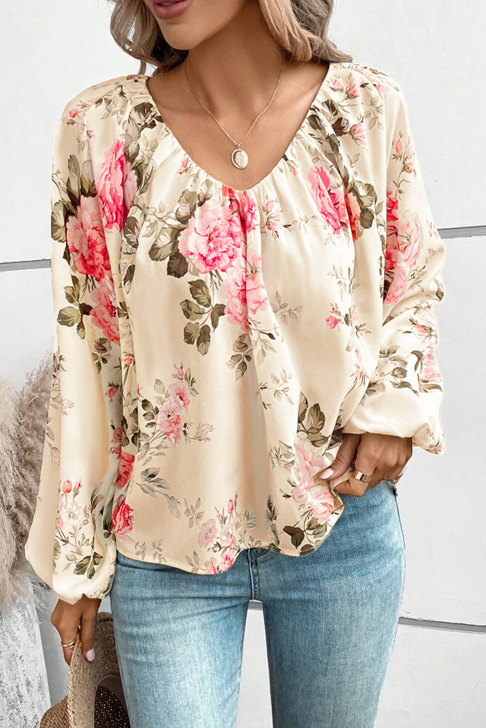 Beige floral V-neck balloon sleeve blouse with gathered waist detail
