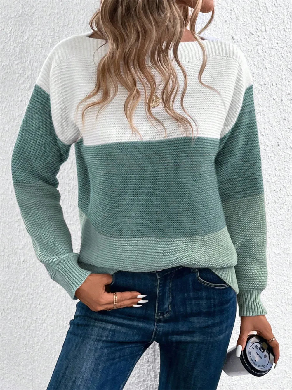 Color-block long sleeve sweater with white back yoke and teal-green lower panel