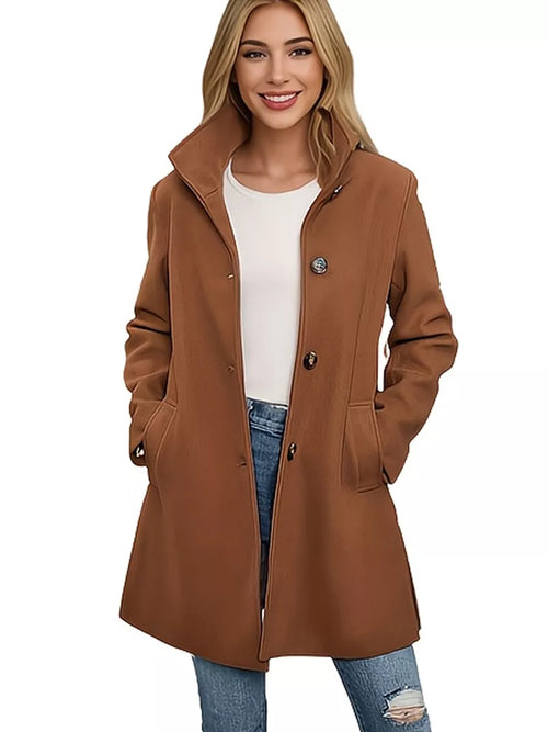 Brown button-front long-sleeve coat with notch collar and buttoned chest placket.